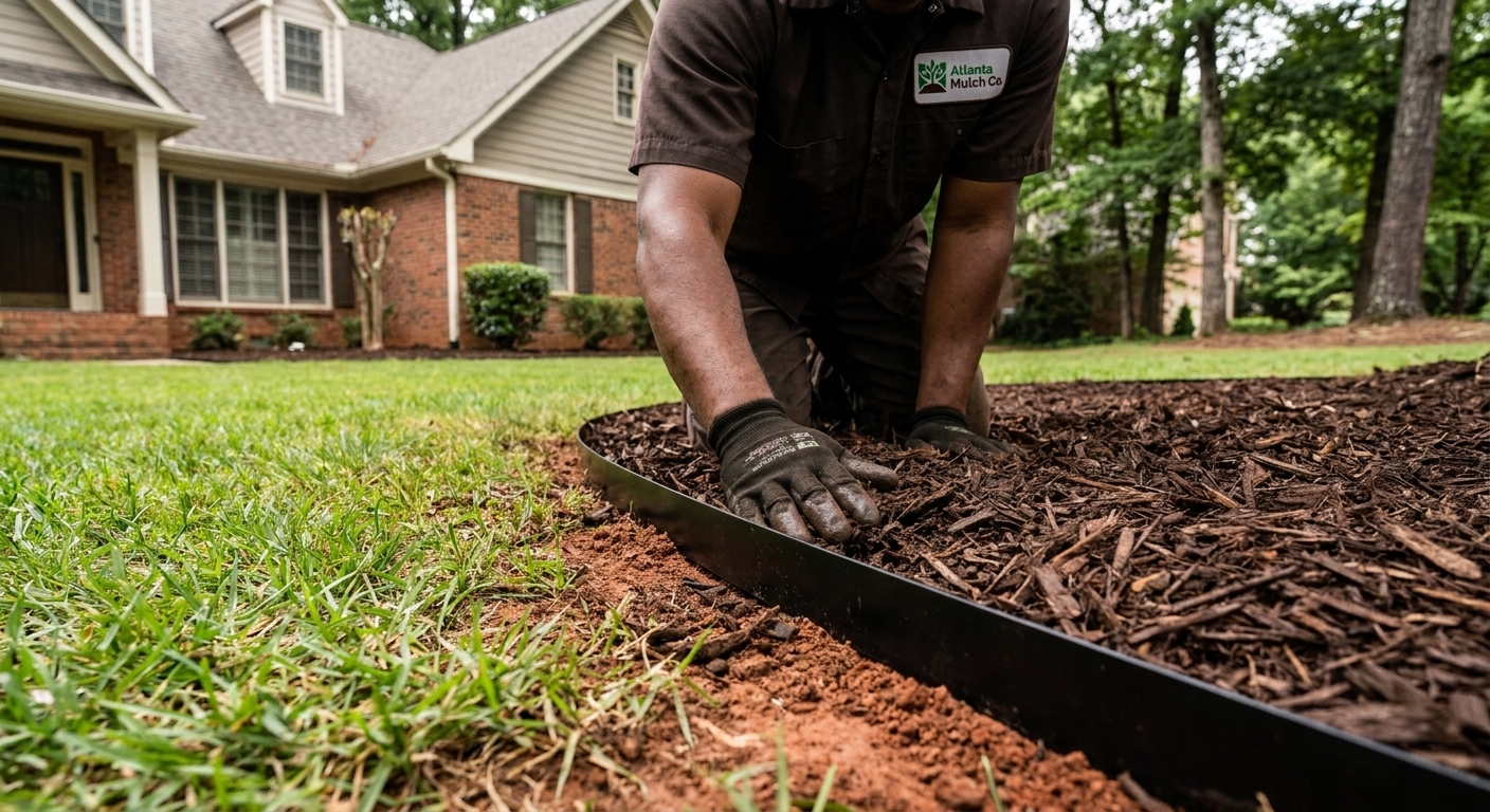 Close-up of a freshly installed steel landscape edge line in Atlanta, GA