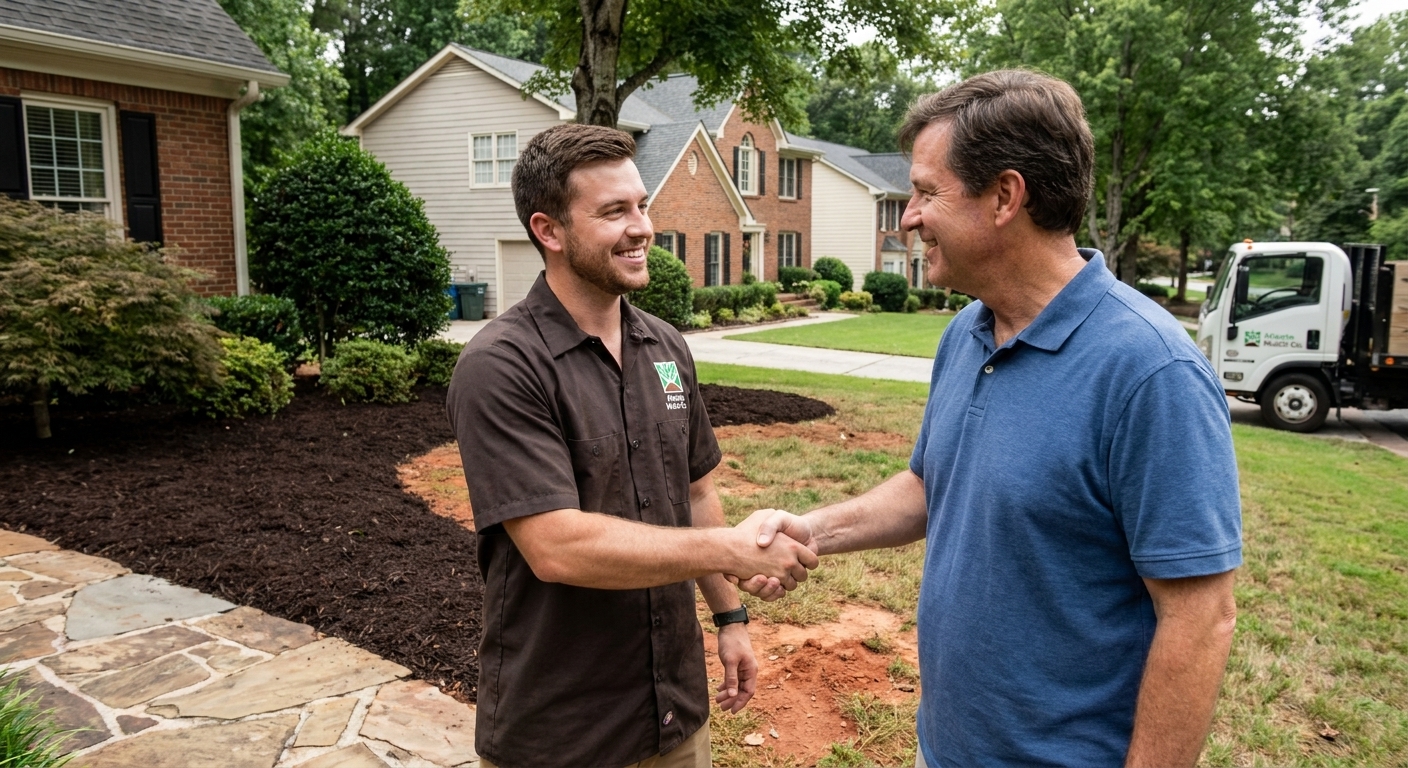 Crew and homeowner walking finished mulch beds together