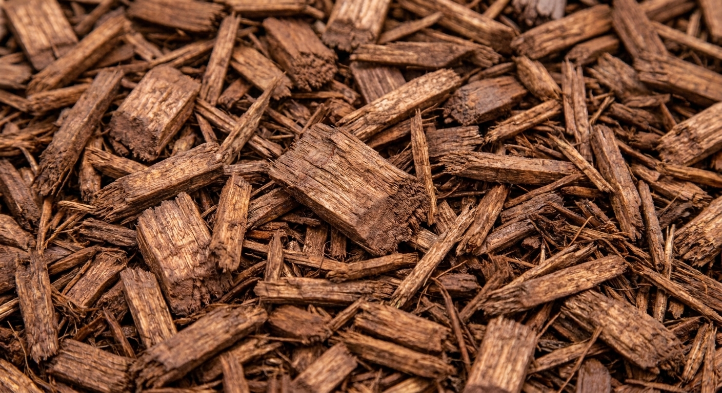 Close-up of freshly installed dyed brown mulch in a metro Atlanta bed