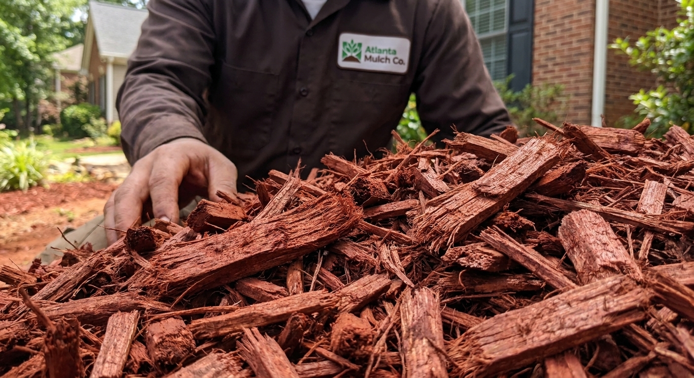 Close-up of freshly installed dyed red mulch in an Atlanta, GA landscape bed