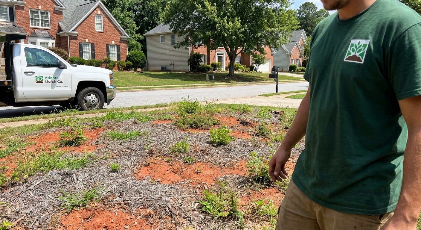 Weedy, bare planting bed before mulch installation