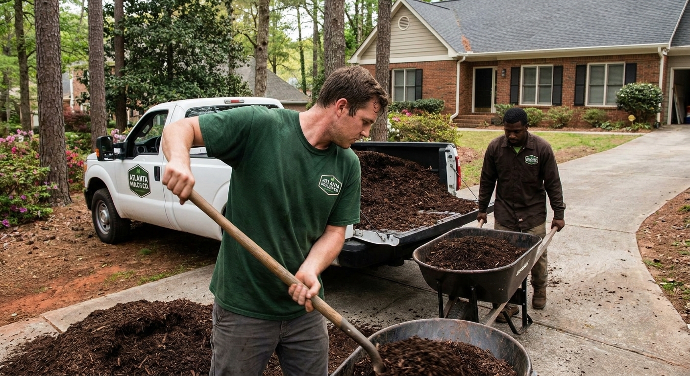 Crew unloading delivered bulk mulch by hand in an Atlanta yard