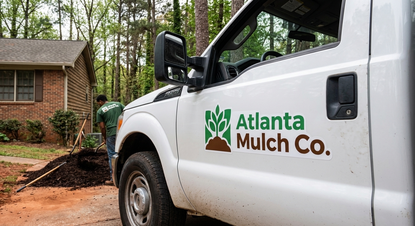 Atlanta Mulch Co. delivery truck arriving with bulk mulch